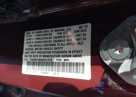 2019 Honda Cr-V Ex-L z USA, uszkodzony, nr VIN 7FARW1H83KE017275